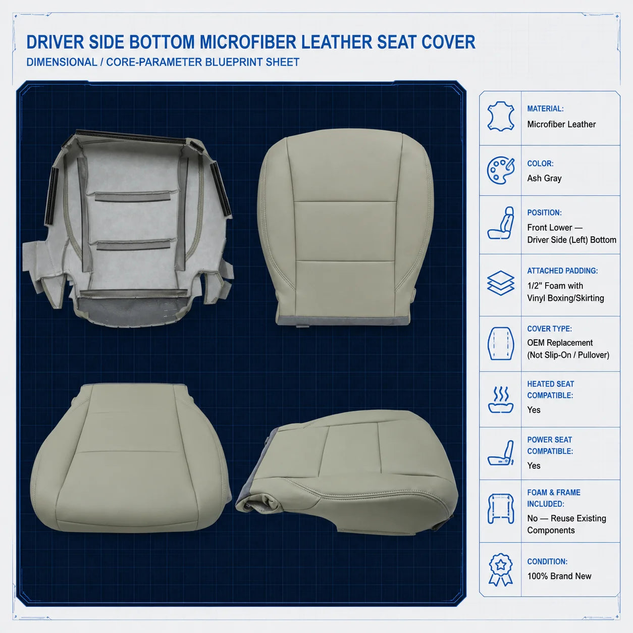 Front Driver Bottom Seat Cover Gray For 2015-2020 Toyota Sienna