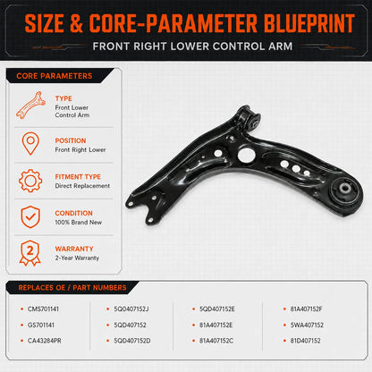 Front Right Lower Control Arm For 2015–2020 Audi A3 S3 Volkswagen Golf & Jetta