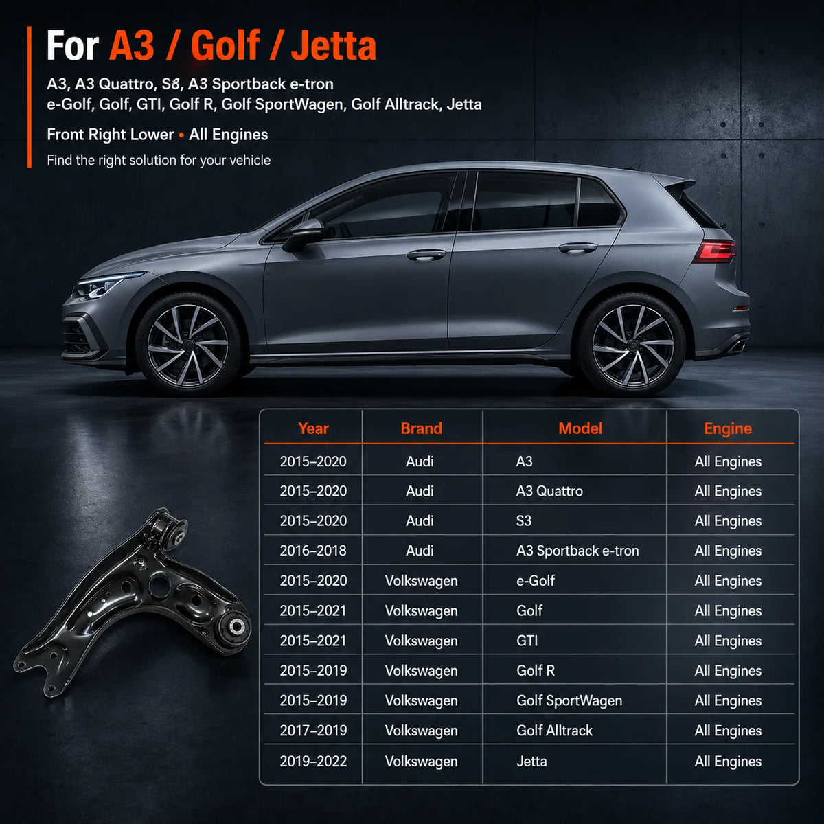 Front Right Lower Control Arm For 2015–2020 Audi A3 S3 Volkswagen Golf & Jetta