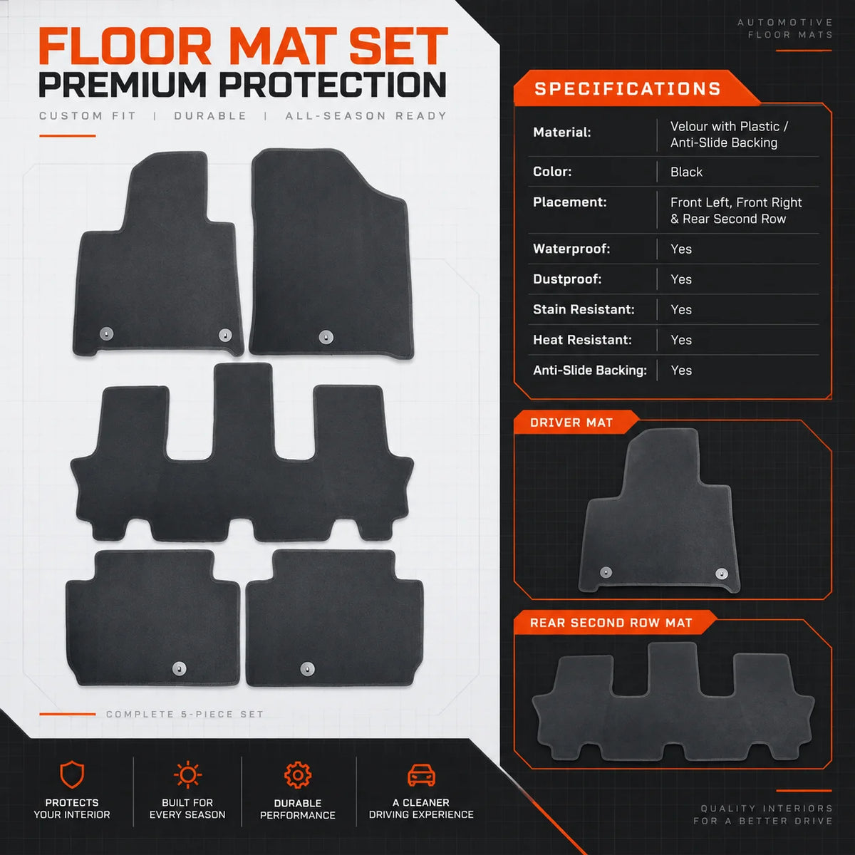 Front & Rear Floor Mats Carpet Replacement Velour For 2024-2026 Hyundai Santa Fe