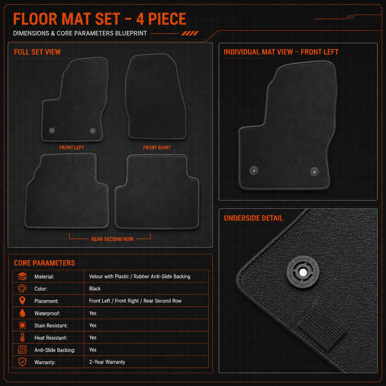 Full Set Front & Rear Floor Mats Carpet Velour For 2013-2019 Ford Escape