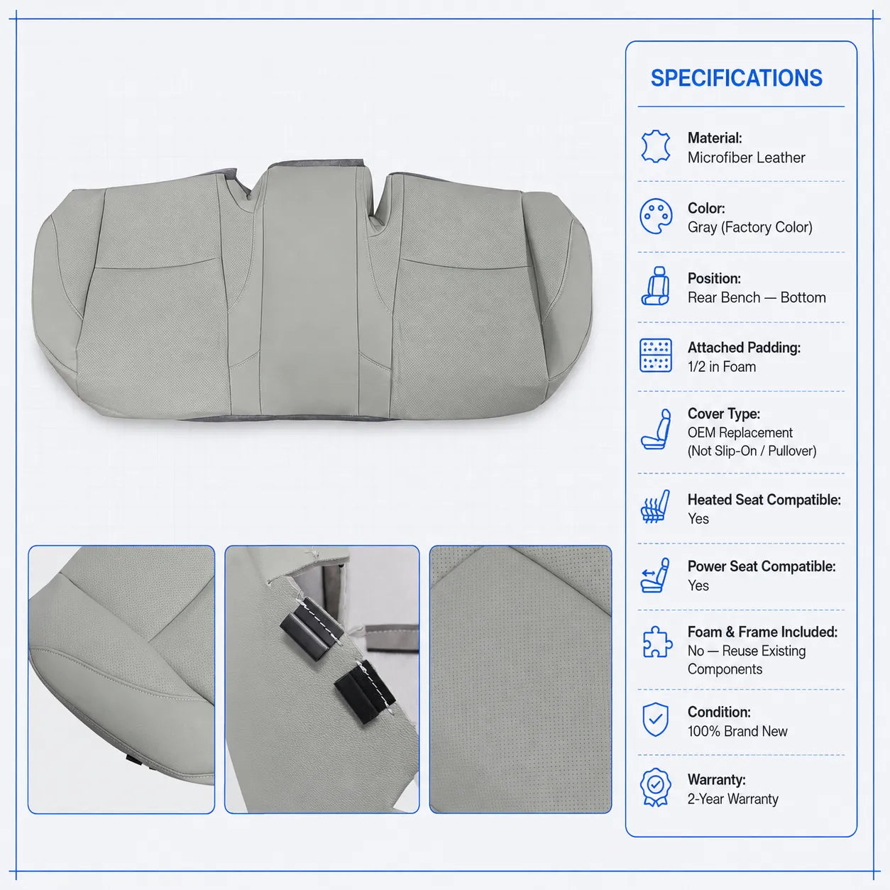 Leather Rear Bench Bottom Seat Covers Gray For 2007-2012 Lexus ES350