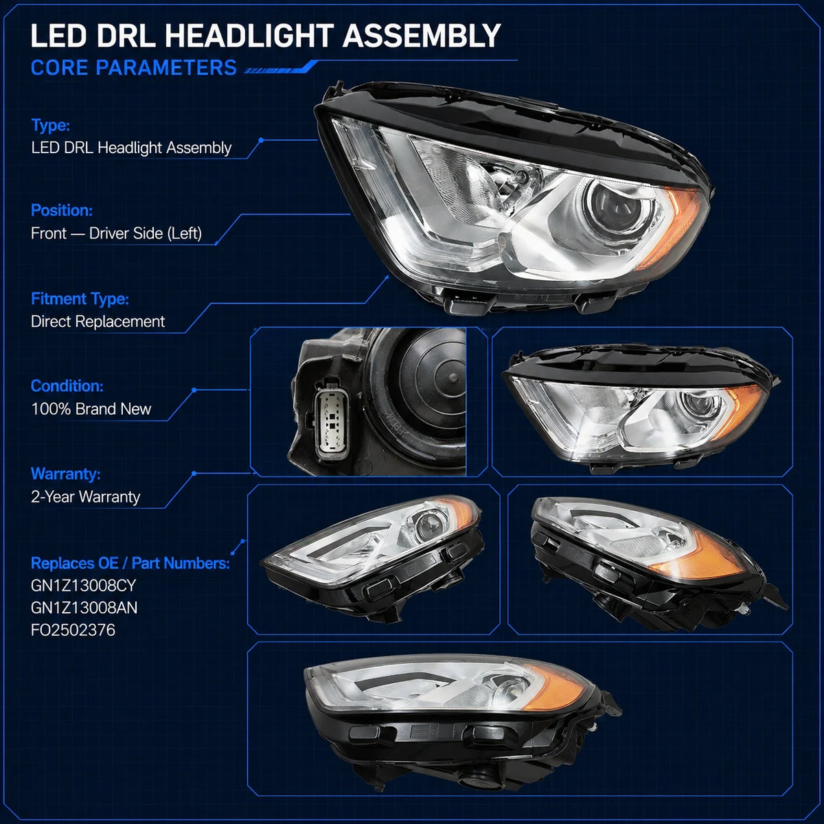 Left Driver Side Halogen Headlight with Bulbs & LED DRL for 2018 2022 Ford EcoSport