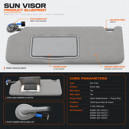 Left Driver Side Sun Visor w/ Light For 2009-2015 Honda Pilot