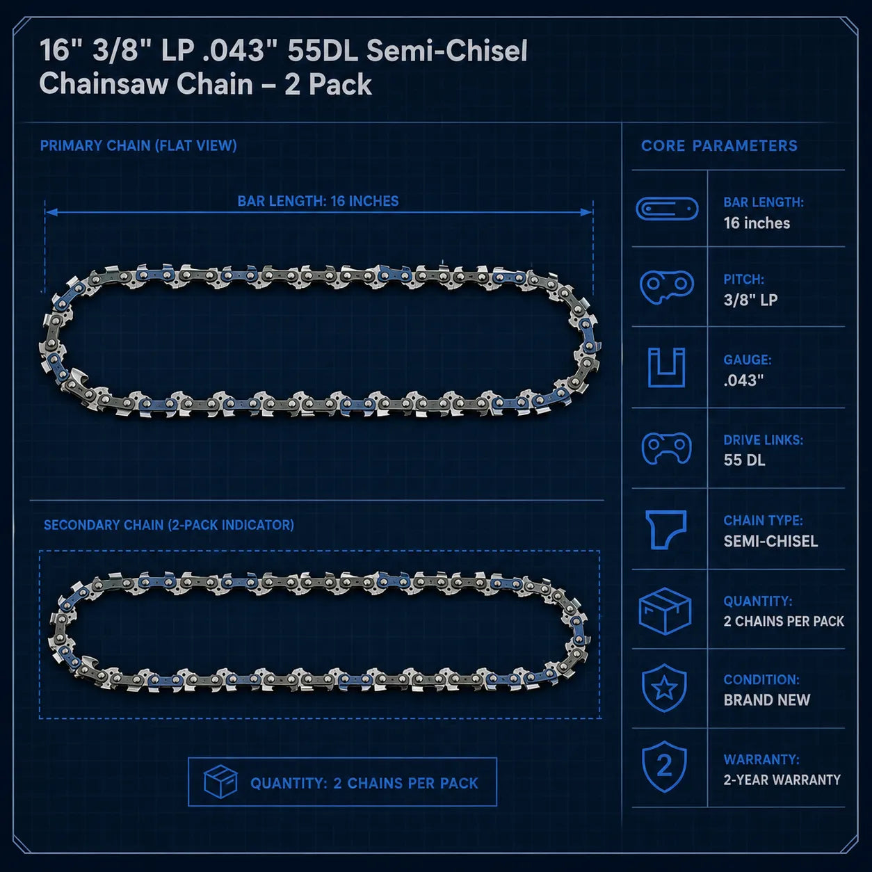 Pack of 2 16" Chainsaw Chain 3/8" LP .043 55DL for Stihl MS170 MS180 Replacement