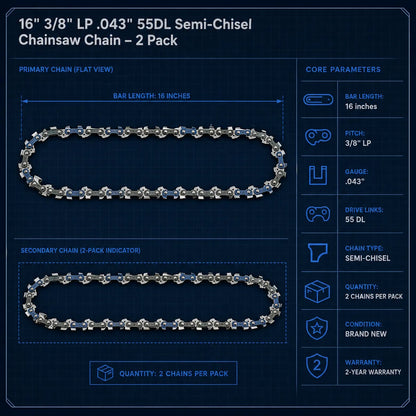 Pack of 2 16" Chainsaw Chain 3/8" LP .043 55DL for Stihl MS170 MS180 Replacement