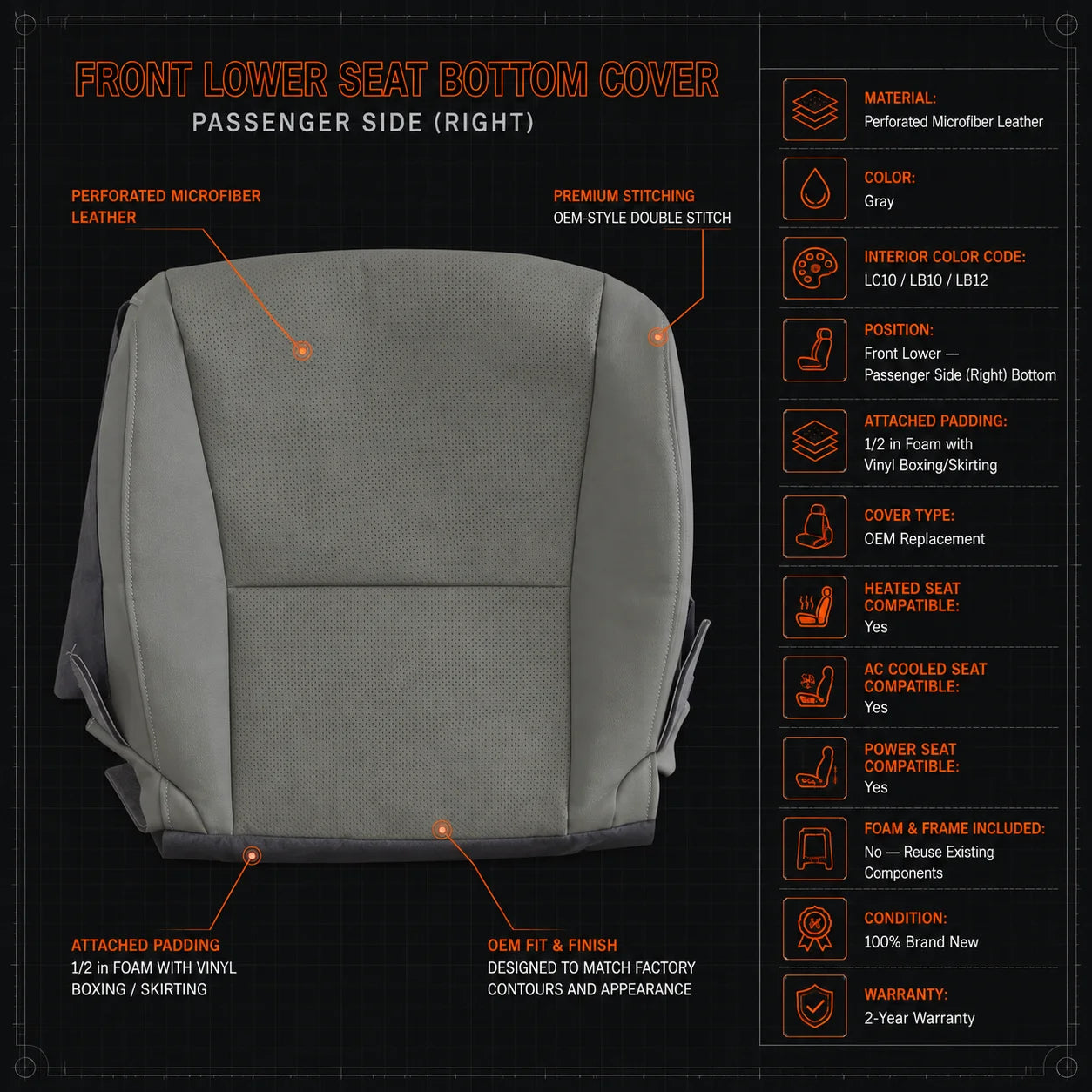 Passenger Bottom Seat Perforated Cover Gray For 2010-2015 Lexus RX350 RX450h