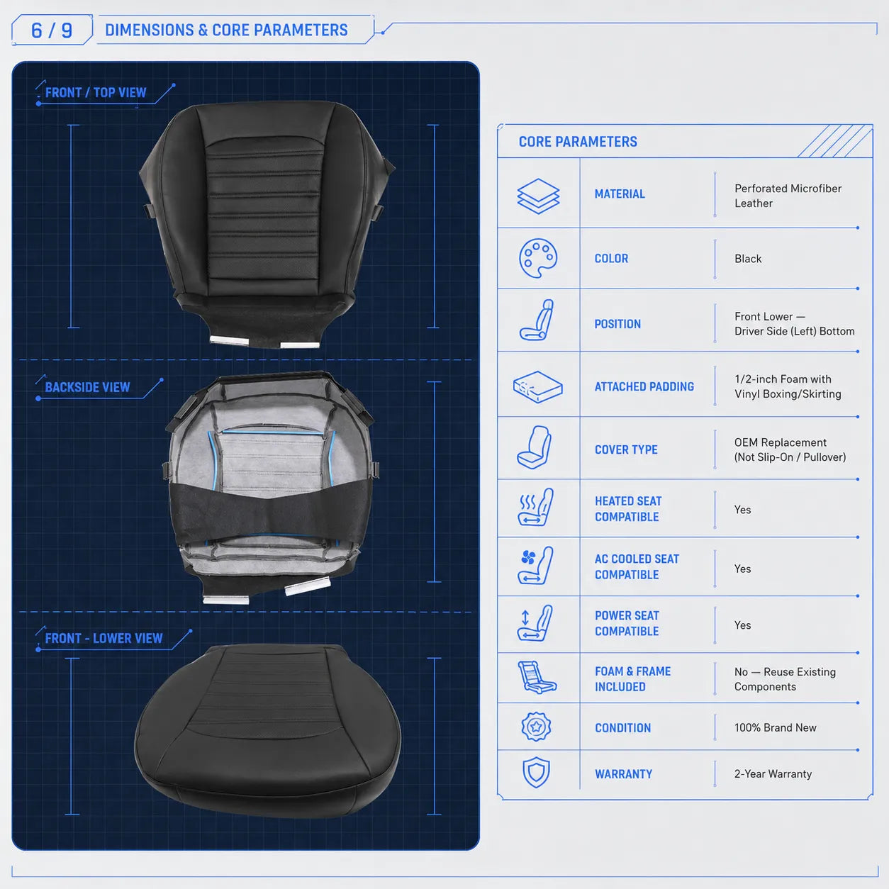 Perforated Leather Driver Side Bottom Seat Cover in Black for 2013-2017 Ford Fusion