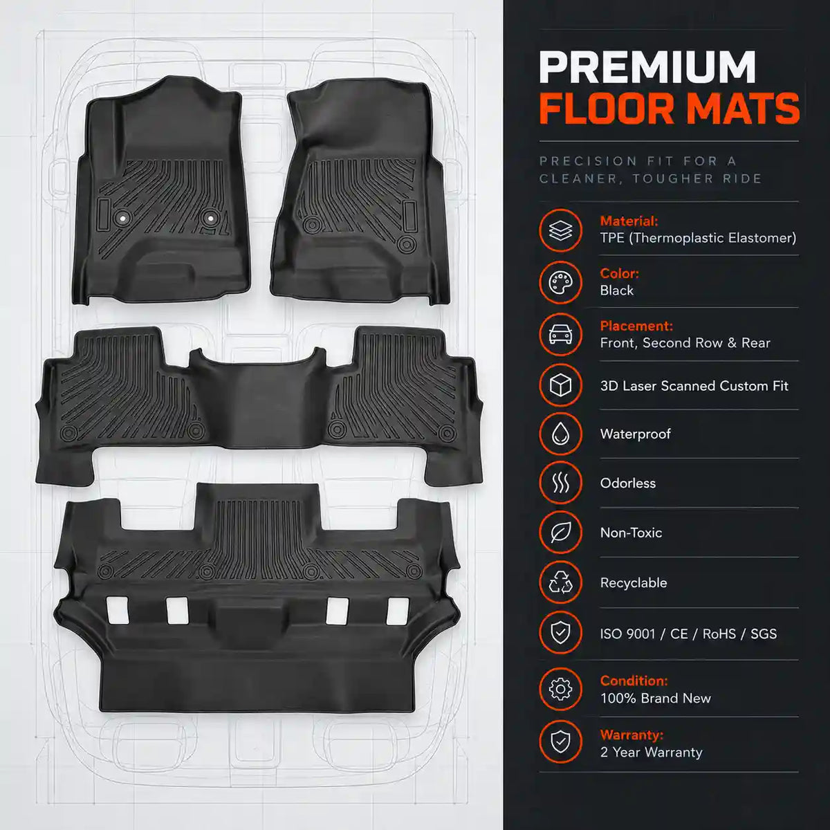 TPE Floor Mats 3 Row Floor Liners For 2015-2020 Cadillac Escalade