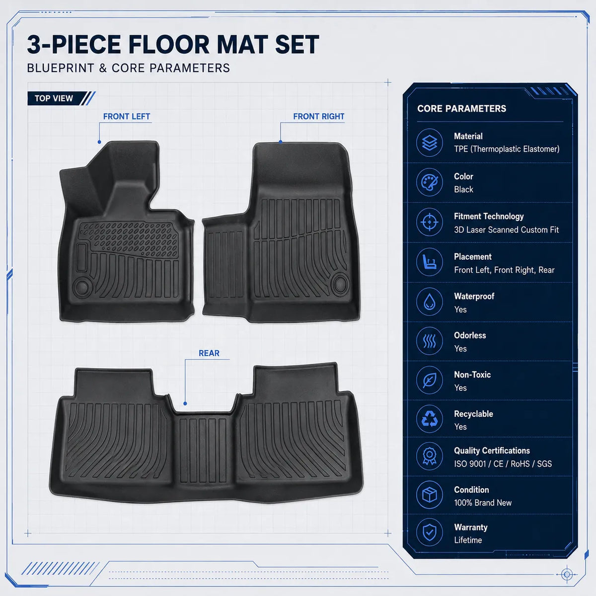 TPE Floor Mats Liner Front & 2nd Row Set for 2014 2021 BMW i3 4 Door