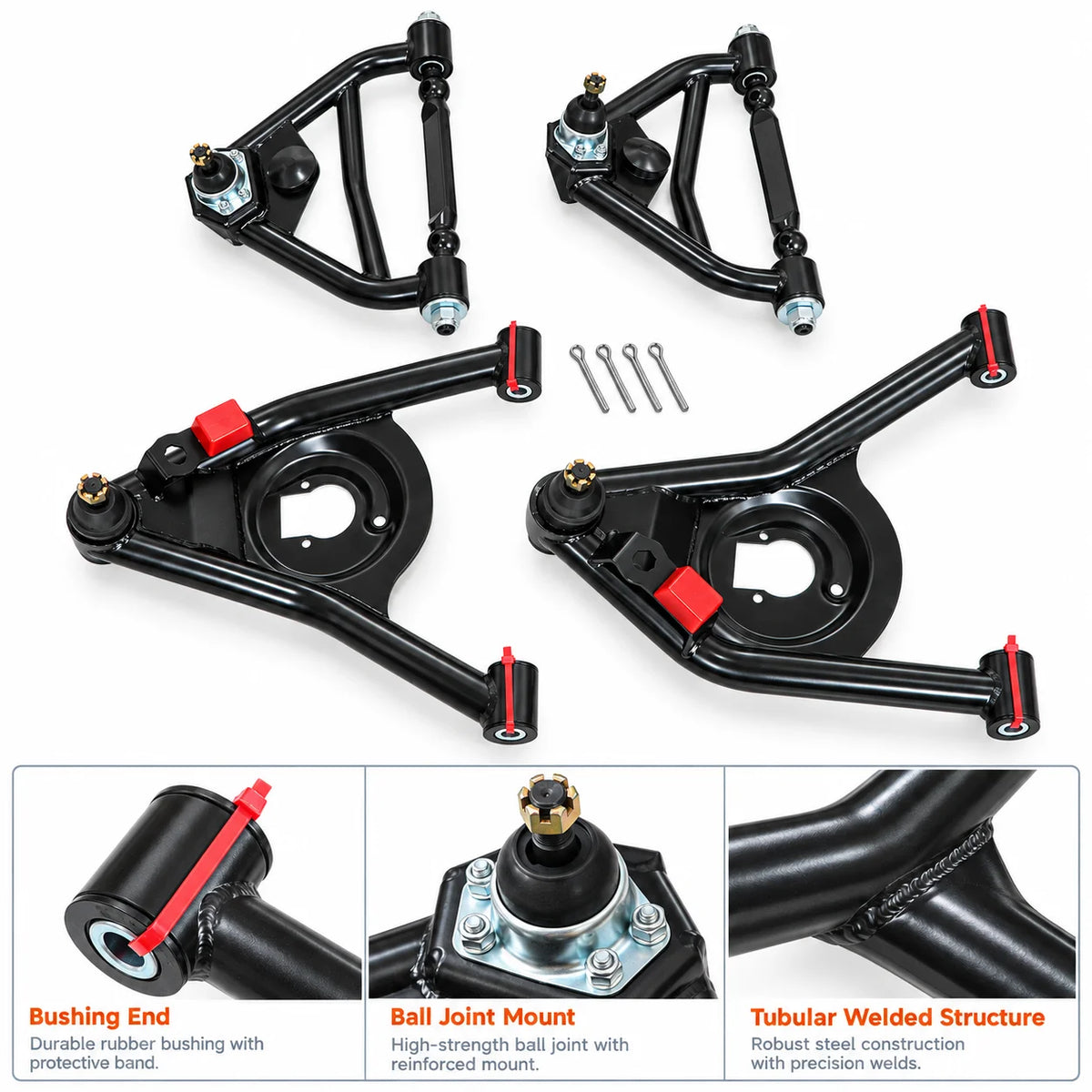 Tubular control arm set with close-up views of bushings, ball joints and welded joints