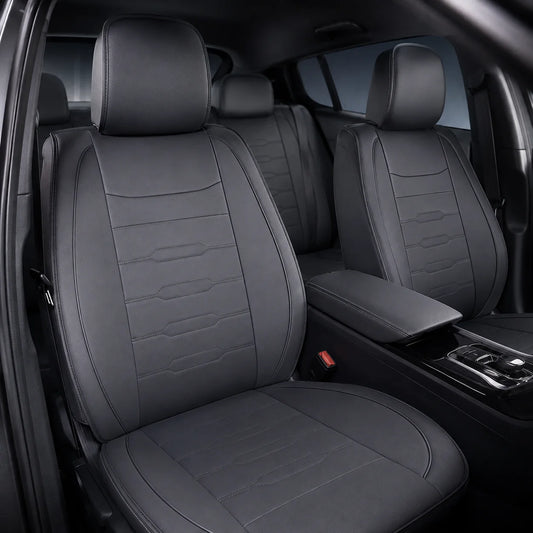 Black Universal Line-Quilted 5-Seat Car Seat Covers - Luxury Microfiber Leather Full Set