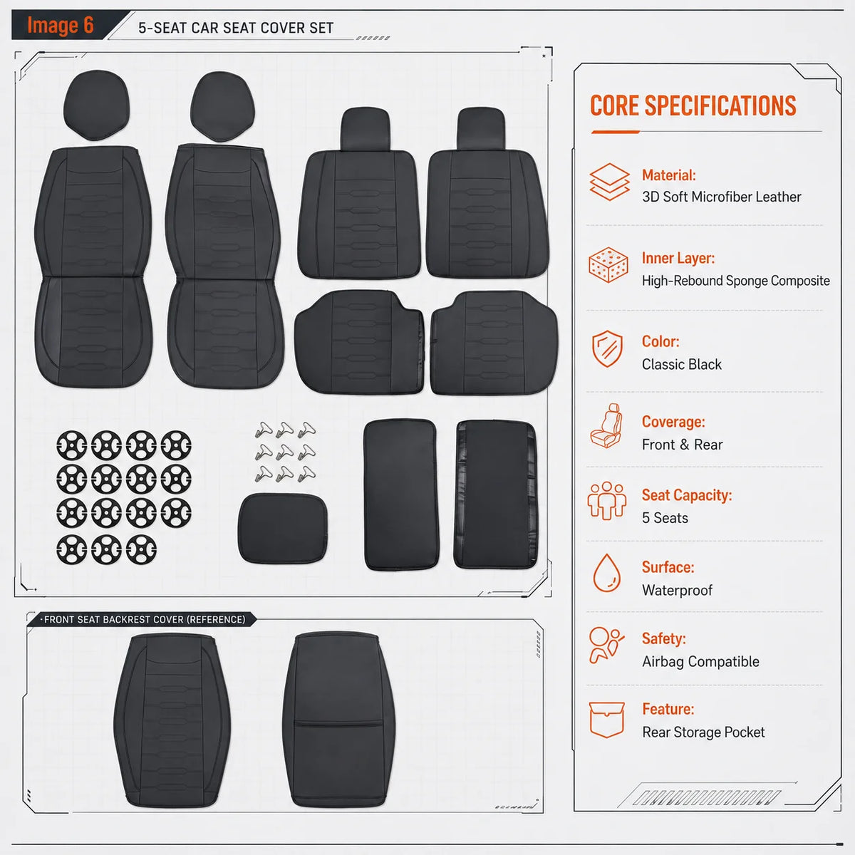 Black Universal Line-Quilted 5-Seat Car Seat Covers - Luxury Microfiber Leather Full Set