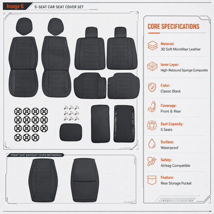 Black Universal Line-Quilted 5-Seat Car Seat Covers - Luxury Microfiber Leather Full Set