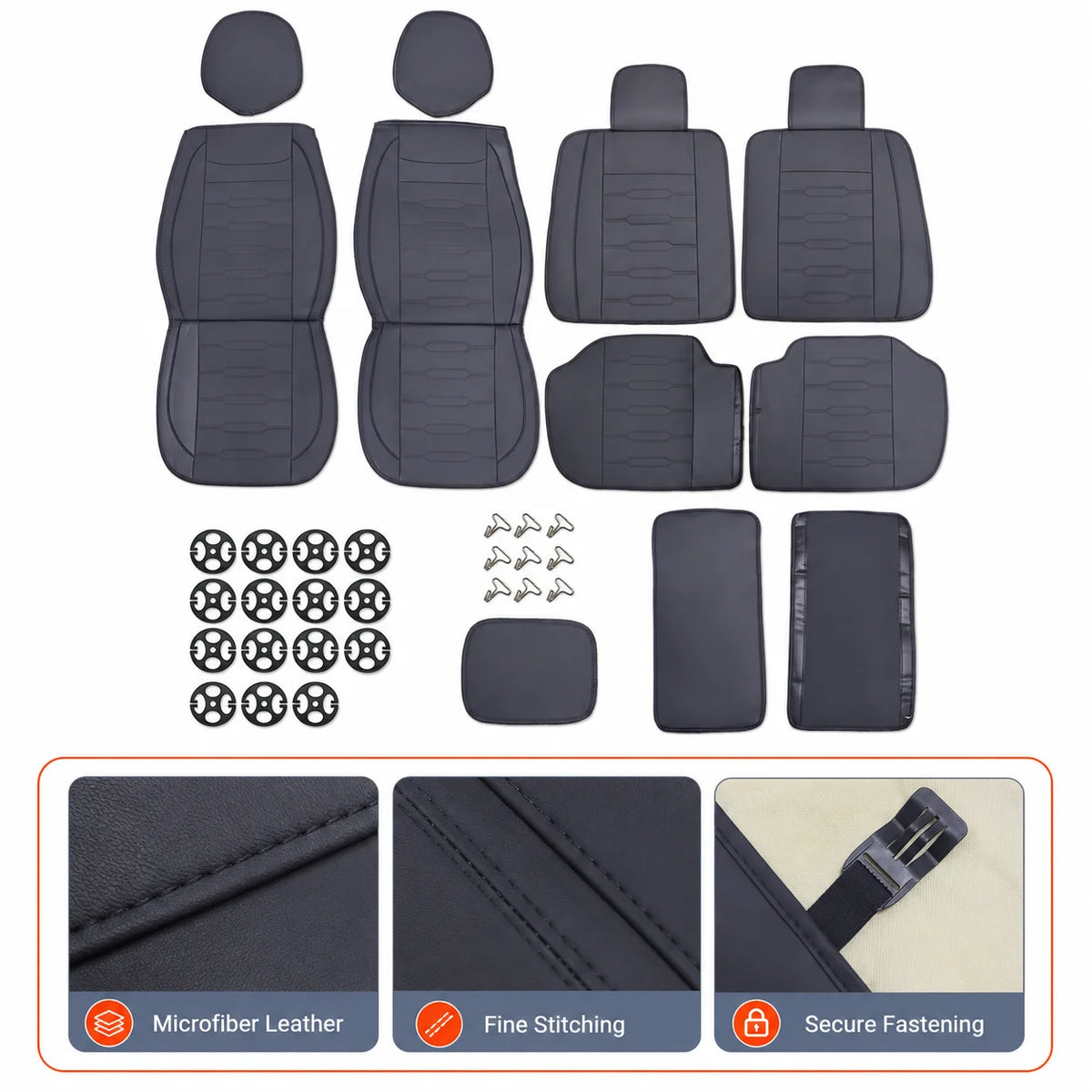Black Universal Line-Quilted 5-Seat Car Seat Covers - Luxury Microfiber Leather Full Set