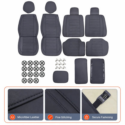 Black Universal Line-Quilted 5-Seat Car Seat Covers - Luxury Microfiber Leather Full Set