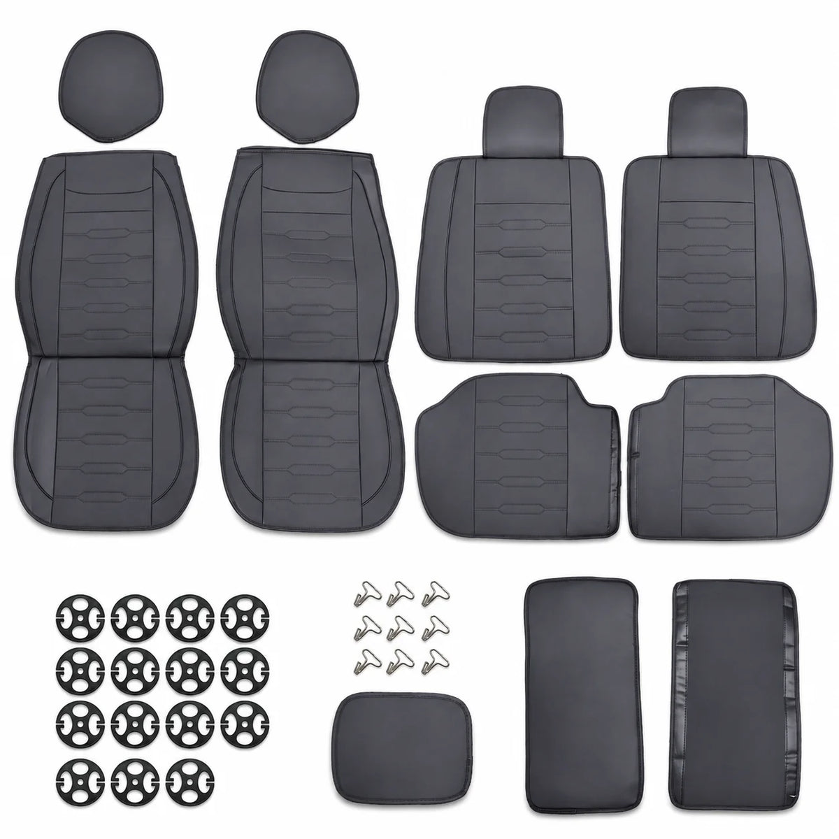 Black Universal Line-Quilted 5-Seat Car Seat Covers - Luxury Microfiber Leather Full Set
