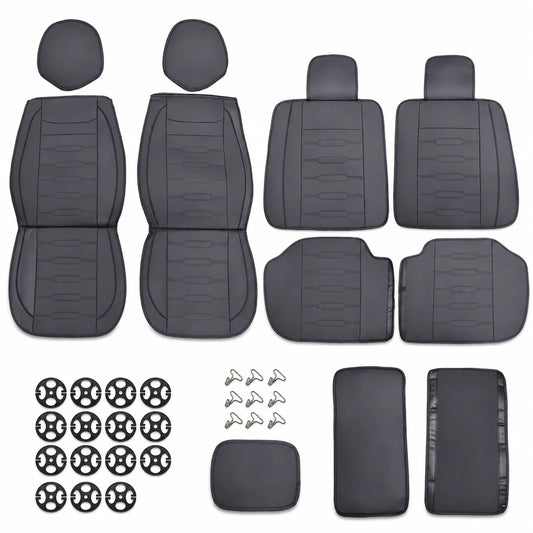 Black Universal Line-Quilted 5-Seat Car Seat Covers - Luxury Microfiber Leather Full Set