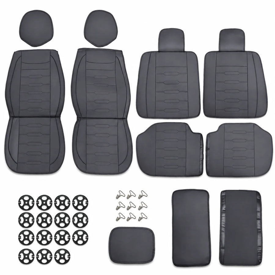 Black Universal Line-Quilted 5-Seat Car Seat Covers - Luxury Microfiber Leather Full Set