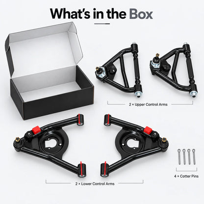 What is in the Box - Tubular Control Arm Kit Package Contents with Upper Lower Arms and Cotter Pins
