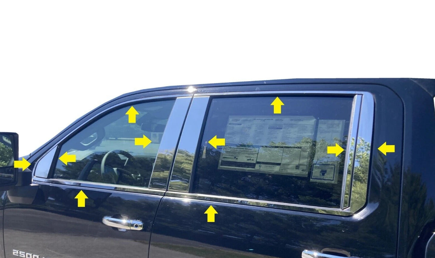 Fits 2020-2025 Silverado 2500 HD 3500 HD Crew Cab Stainless Window Trim Package
