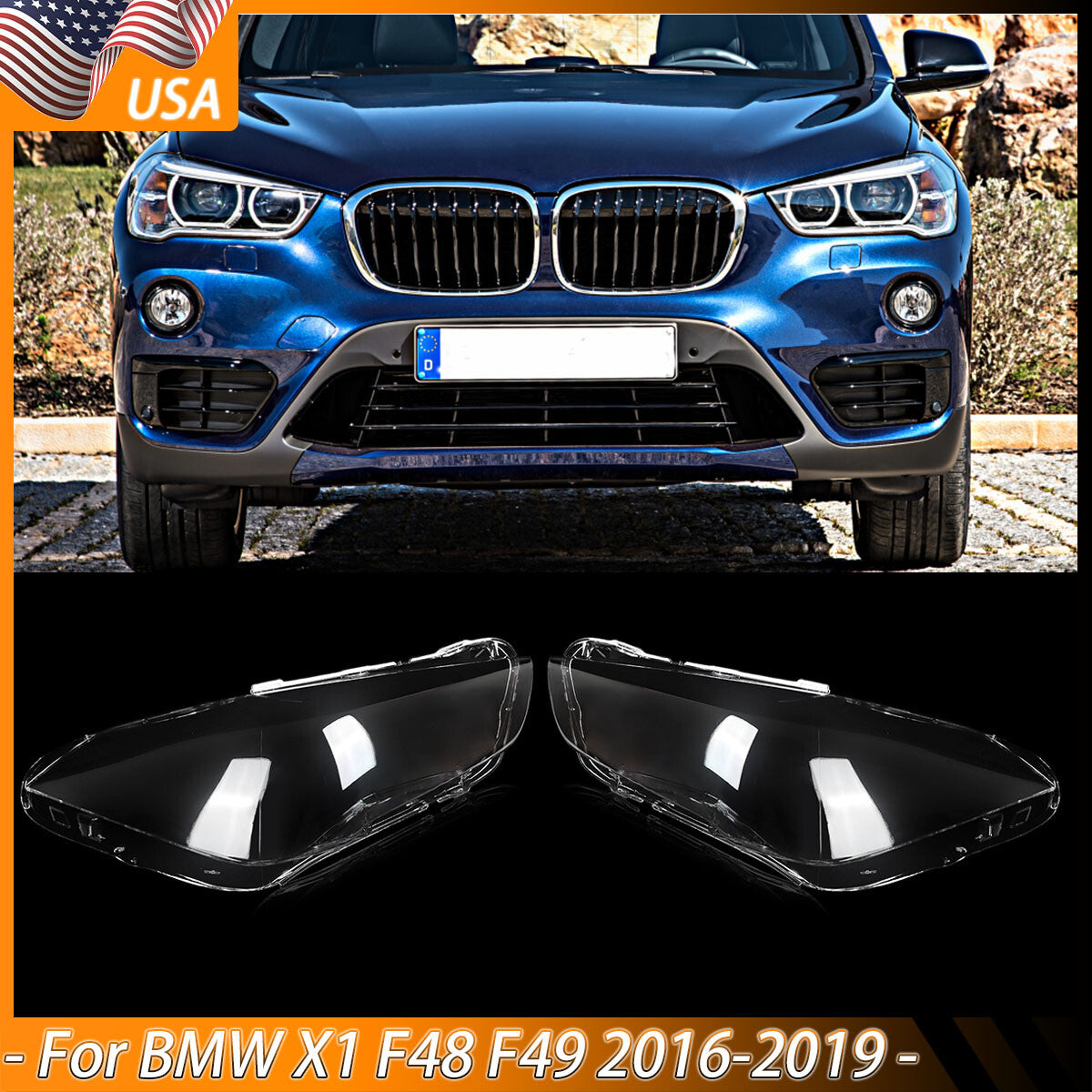 2Pcs Fit BMW X1 2016-2019 Left Right Side Front Headlight Lens Headlight Cover