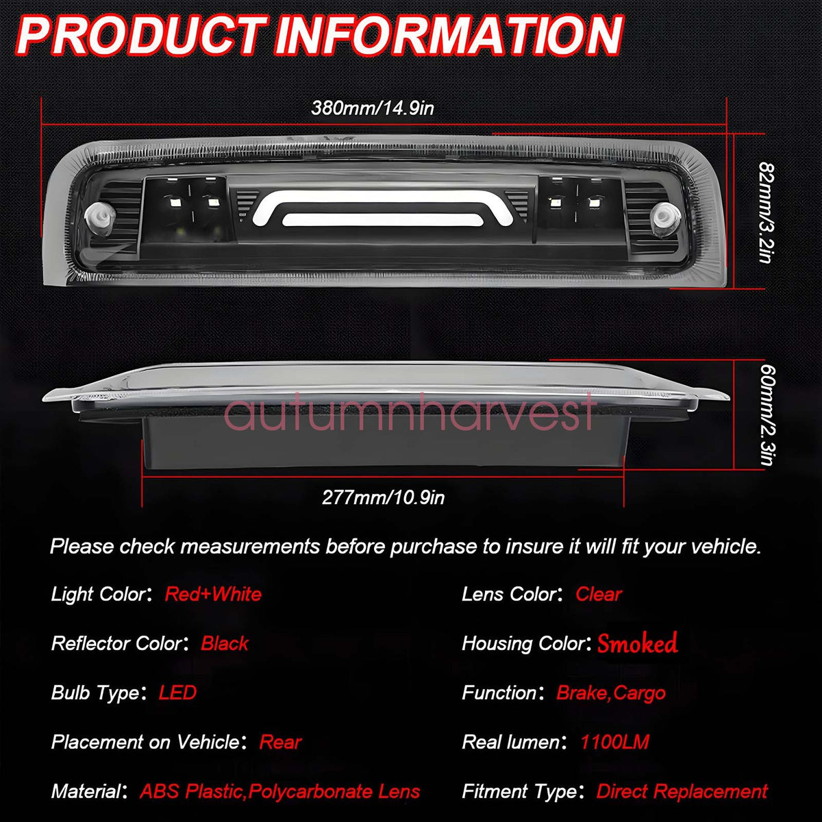 Fits 09-18 Dodge Ram 1500 10-18 2500 3500 LED 3rd Tail Lights Brake Lamp Smoked