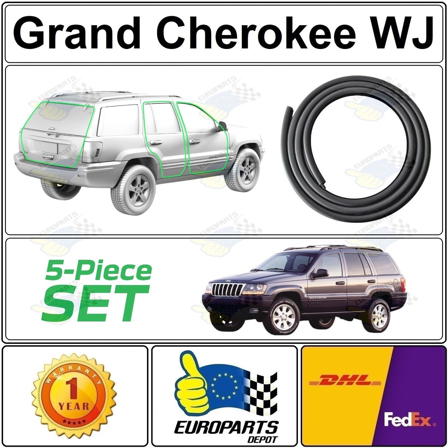 5pcs Rubber Seal Weatherstrip Set Doors & Liftgate for Jeep Grand Cherokee WJ