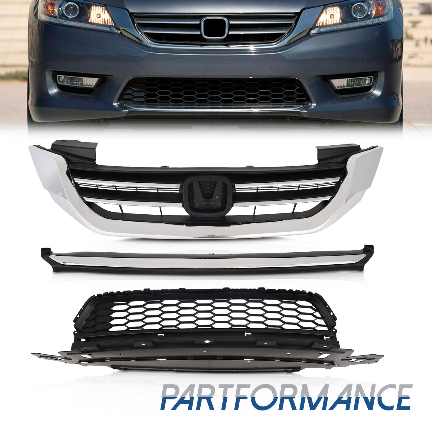 New Fit 2013-2015 Honda Accord Front Upper Lower Grille W/Chrome Trim