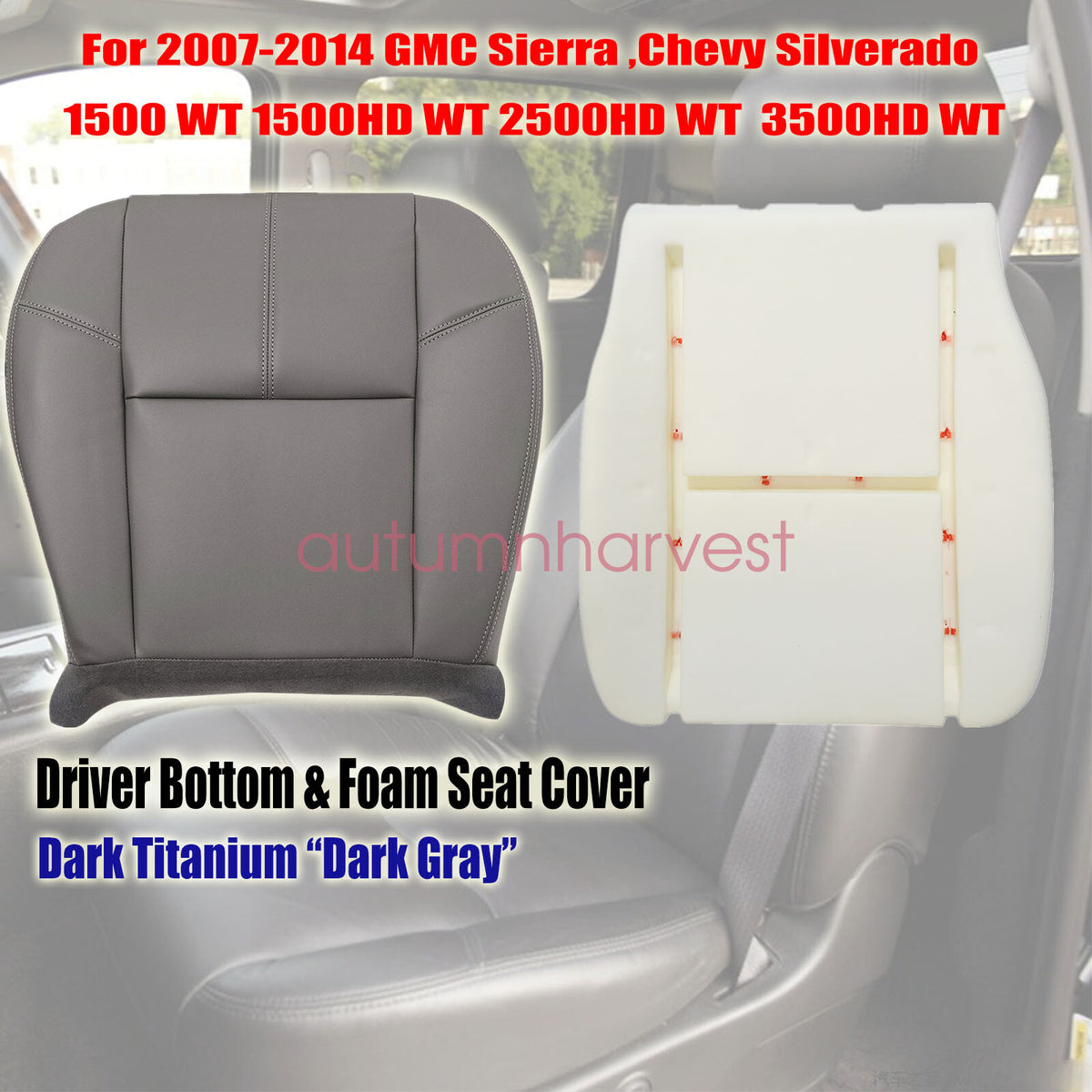 For 2007-2014 Chevy Silverado 2500 3500HD Driver Bottom&Foam Seat Cover Dk Gray