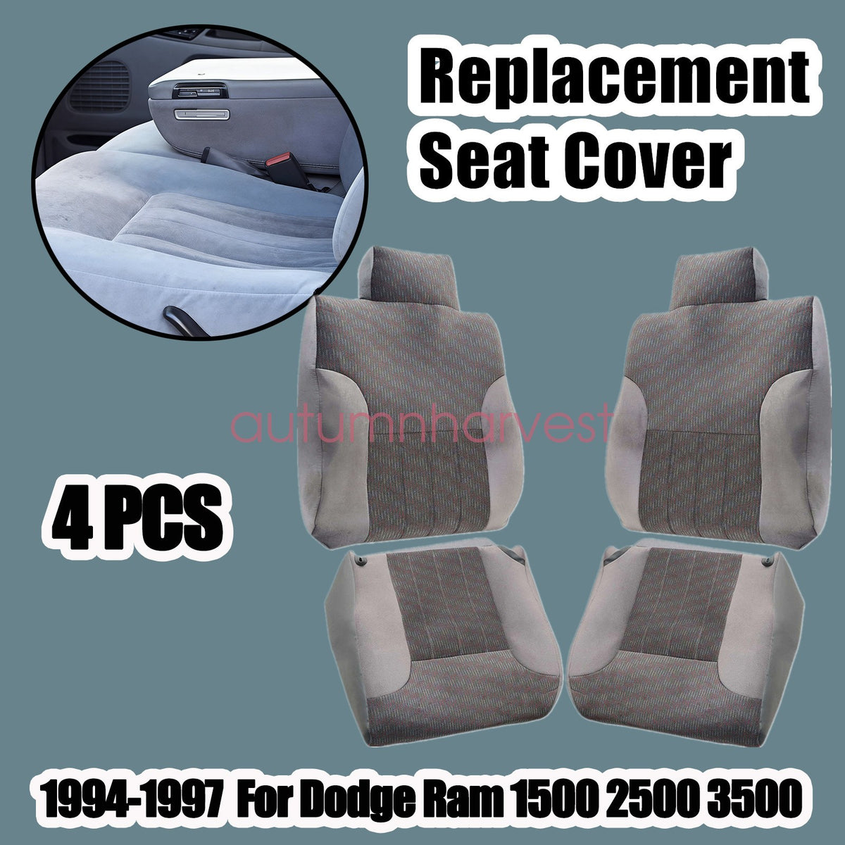 For 94-97 Dodge Ram Driver & Passenger Bottom & Back Cloth Seat Cover Gray 4PCS
