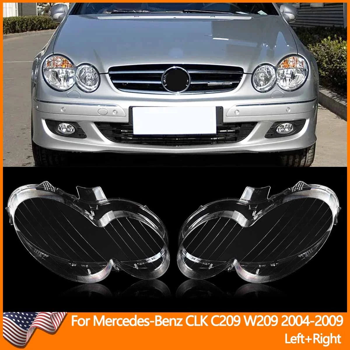 Pair Headlight Lens Cover Replacement For 2004-2009 Mercedes Benz CLK C209 W209