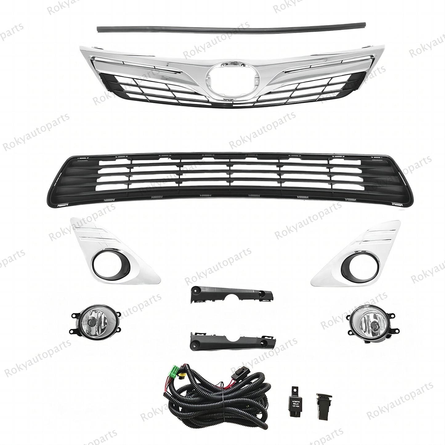 For Camry 2012-2014 XLE Fog light Kit+ Upper Grille w/ Rubber Seal + Lower Mesh