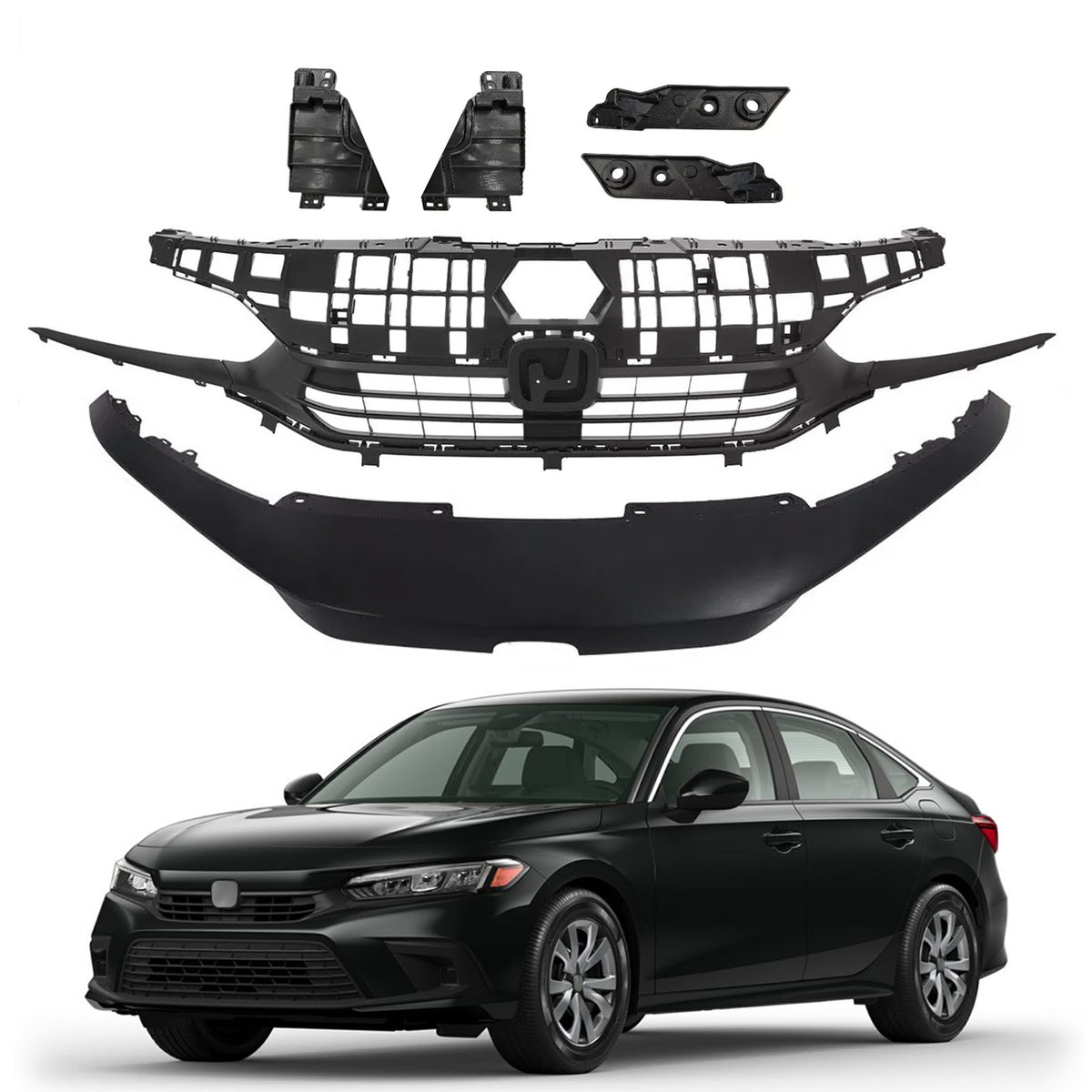 Black Bumper Trim+Front Upper Grille New For Honda Civic 2022-2024 Sedan