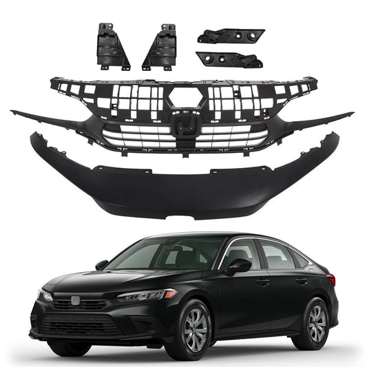 Black Bumper Trim+Front Upper Grille New For Honda Civic 2022-2024 Sedan