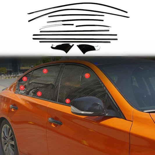12X For Infiniti Q50 2014-23 Gloss Black steel Car Window Strip Cover Trim Kit