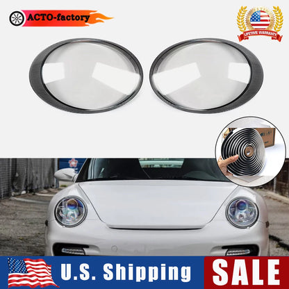 For Porsche 997 911 Carrera 2006-12 Headlight Lens Cover Shell Pair Black border
