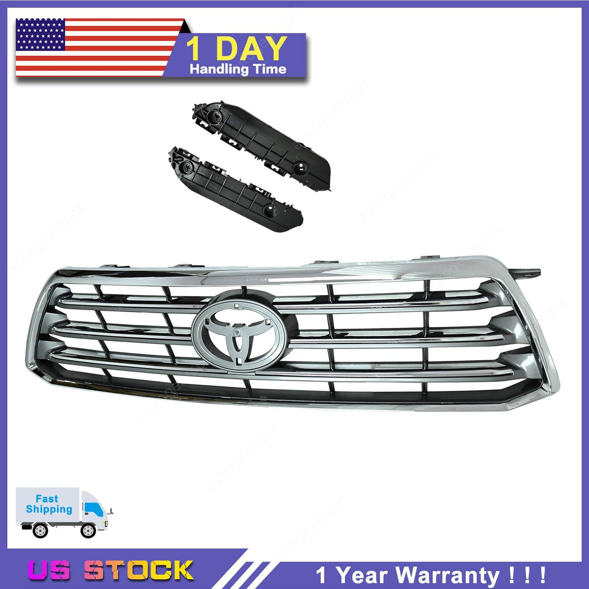 Front Upper Chrome Grille W/ Pair Bumper Bracket For 2008-2010 Toyota Highlander