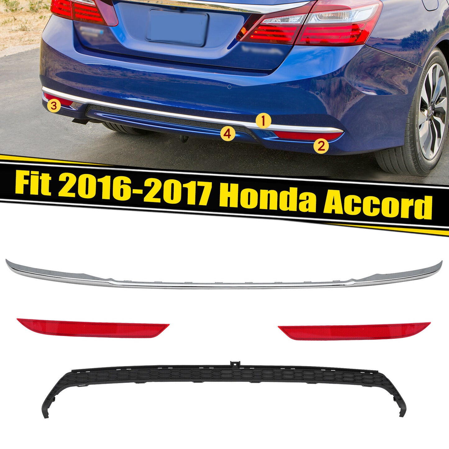 4pcs Rear Lower Refletors+Bumper Molding Trim For Honda Accord 2016-2017