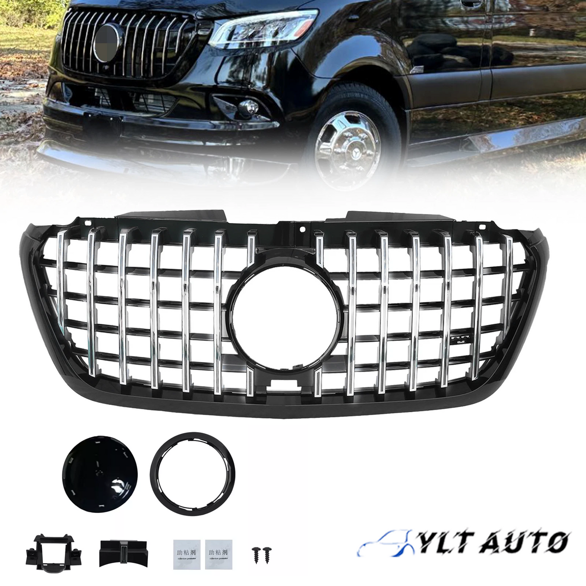 For 2018+ Sprinter W907/910 1500 2500 3500 Silver Bar Black Frame Grille