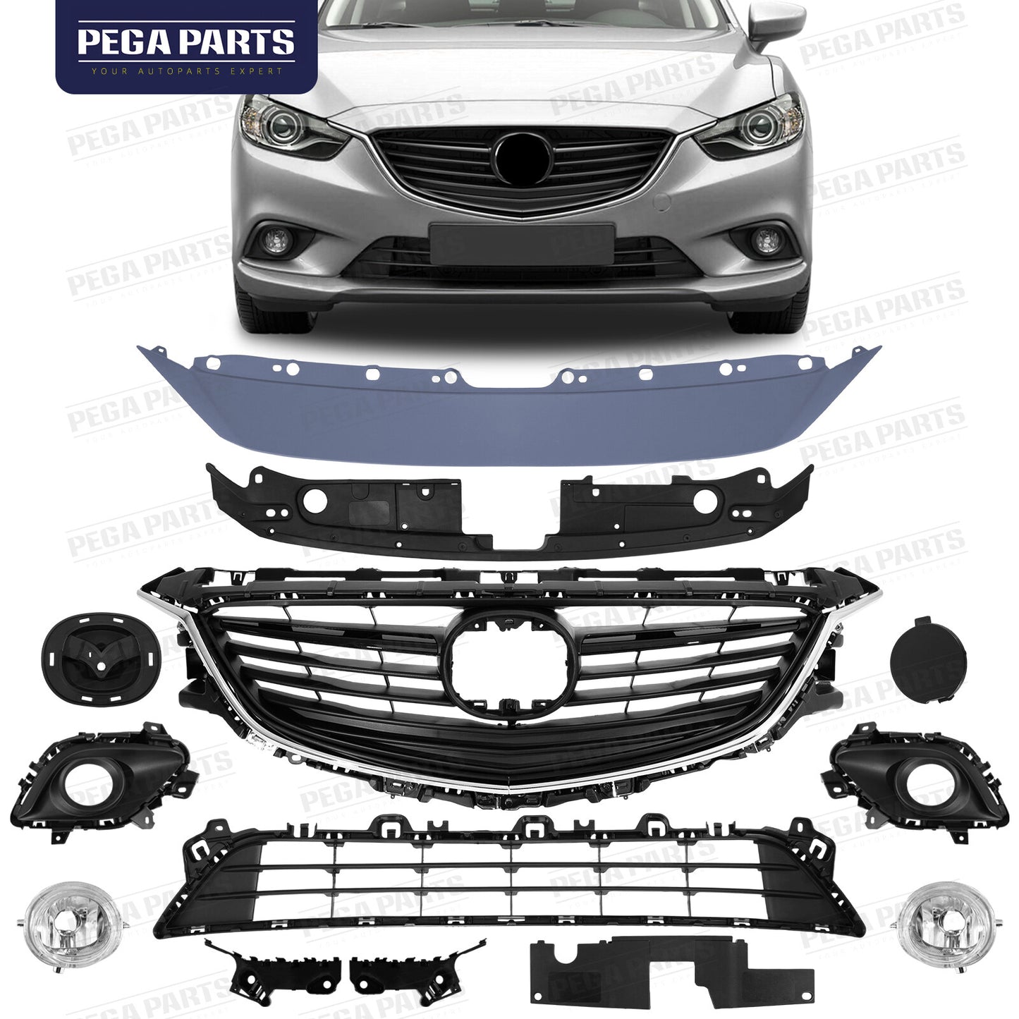 Fit 2014-2017 Mazda 6 Bumper Upper Lower Grille Panel Fog Lamp Cover Bracket Set