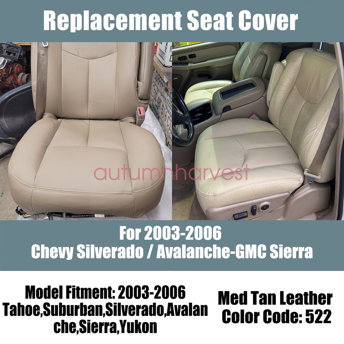 For 2003-2006 Chevy Silverado GMC Sierra Leather Bottom Seat Cover Tan 522 Front