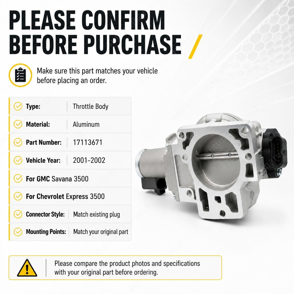 Throttle Body For GMC Savana 3500 2001-2002 GMC Sierra 2500 HD 8.1L 17113565