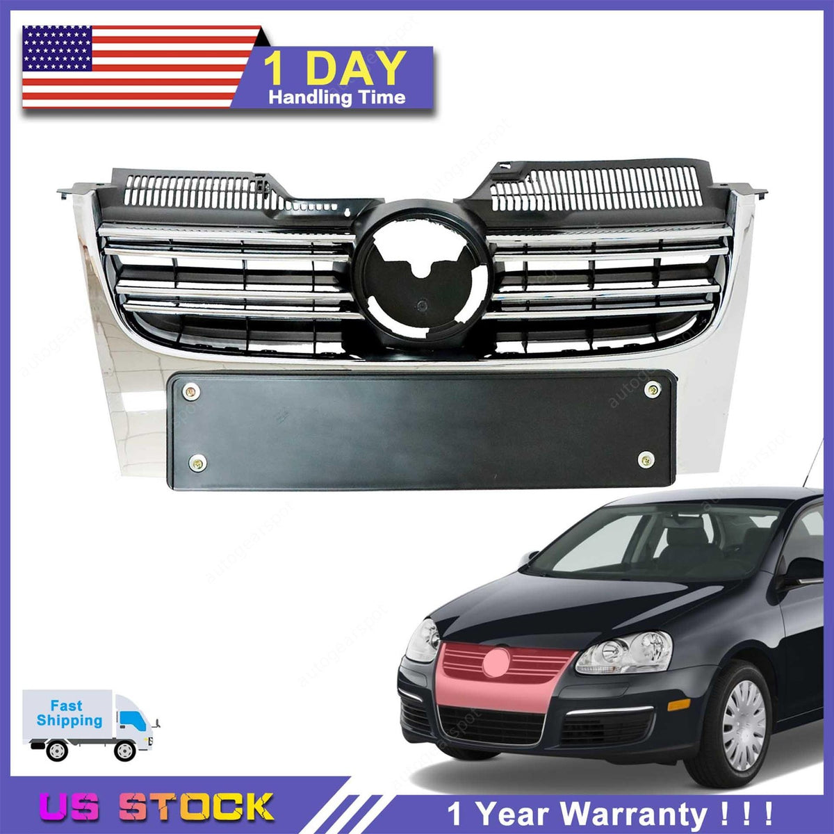 For 05-10 Volkswagen Jetta MK5 Sedan Front Upper Grille Grill Black&Chrome Trim