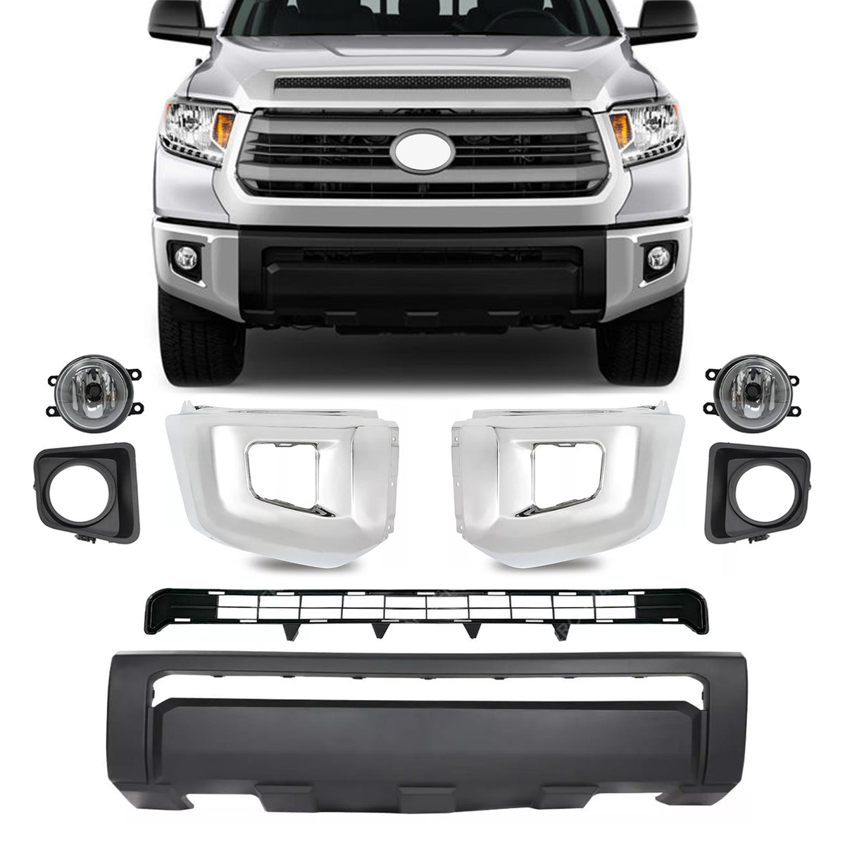 Set of Front Bumper Cover Lower Grille Cap Fog Light for Toyota Tundra 2014-2021
