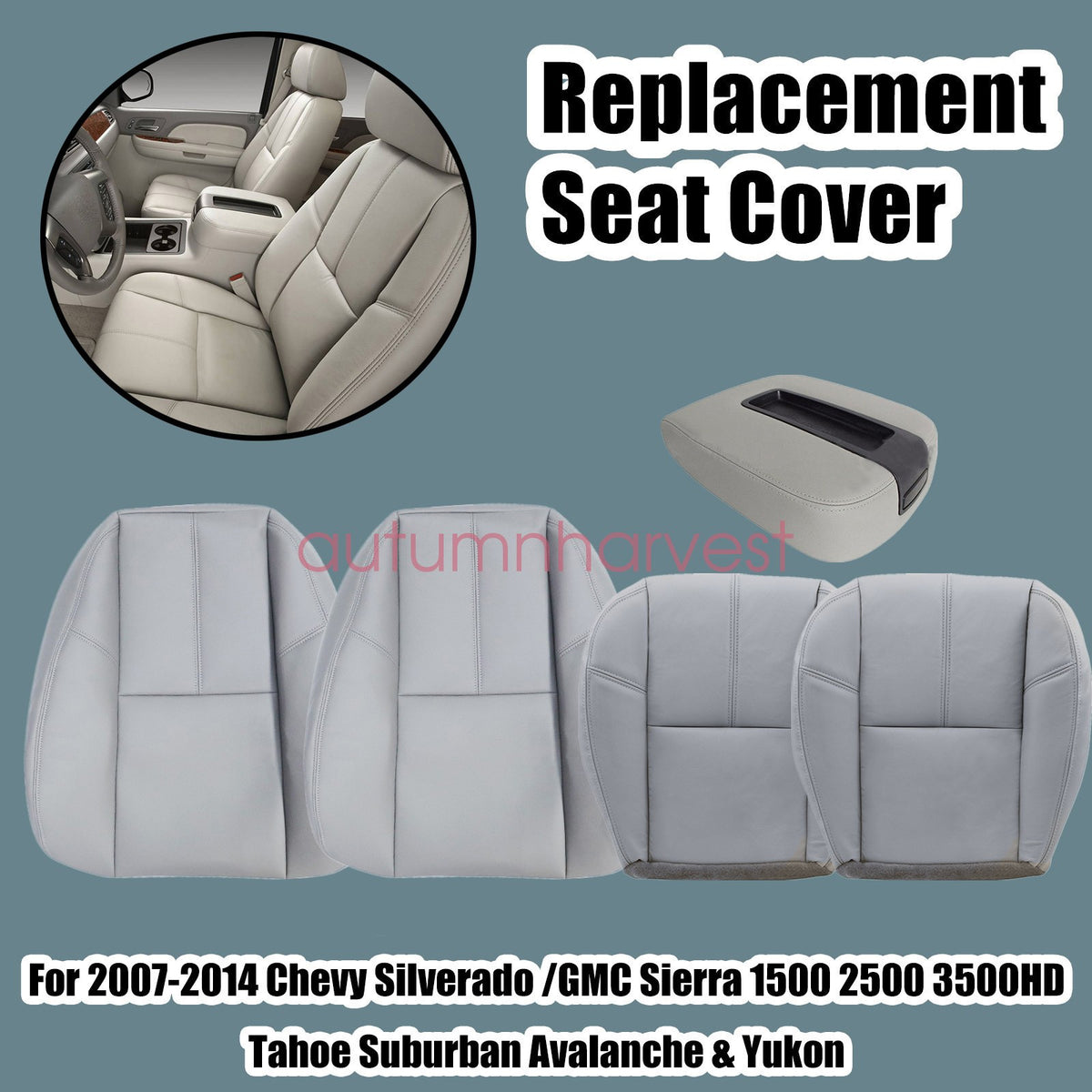 Fits 2007-2014 Chevy Silverado Driver & Passenger Bottom & Top Seat Cover Gray