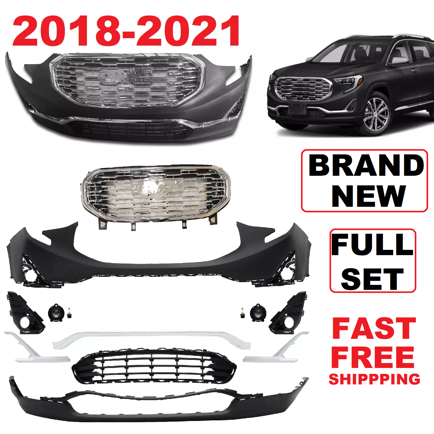 Front Bumper Cover Grille Assembly Kit For 2018-2021 GMC Terrain W/Fog Lights