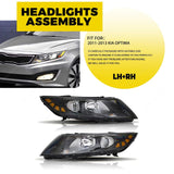Pair For 2011 2012 2013 Kia Optima Headlights Assembly Black Housing L+R Front