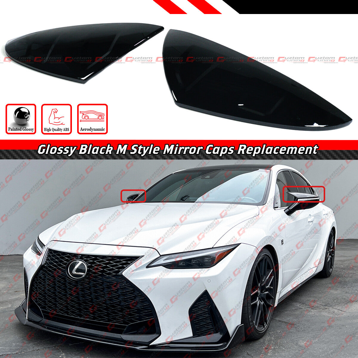 2x M Style Gloss Black Mirror Cover Caps For 2021 2022 23 2024 Lexus IS300 IS350