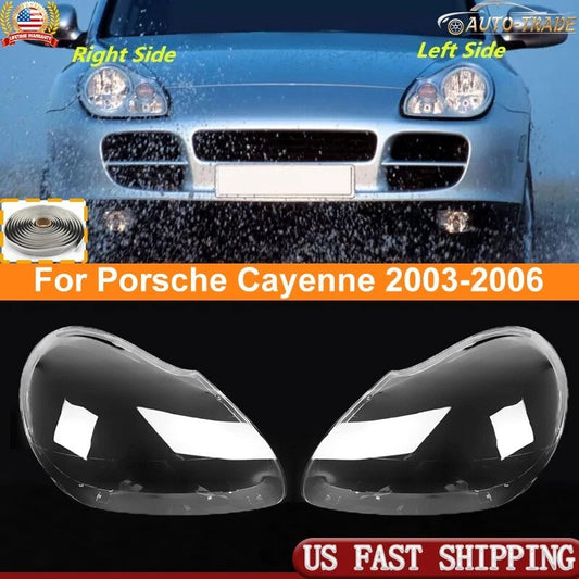 Pair Headlight Lens Cover Shell+Glue Clear For Porsche Cayenne 2003 04 2005 2006